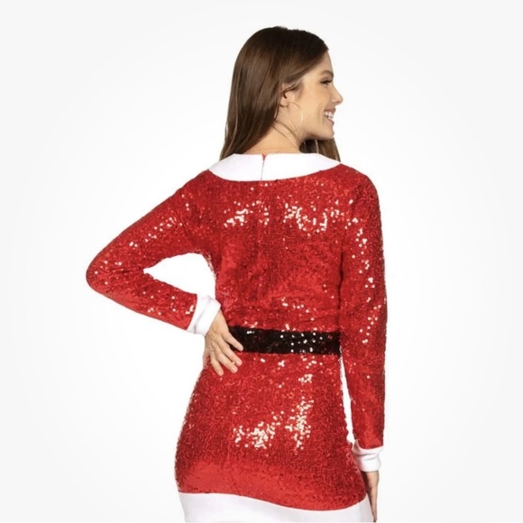 Tipsy Elves Santa Shift Dress Sequin Red White Trim Belted Christmas 1X NWT - Picture 2 of 12